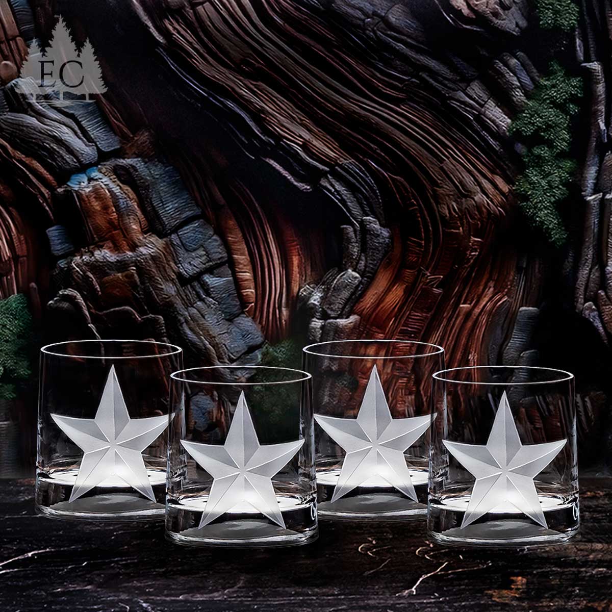 Texas Lone Star Oval Crystal Rocks Glasses, Set of 4