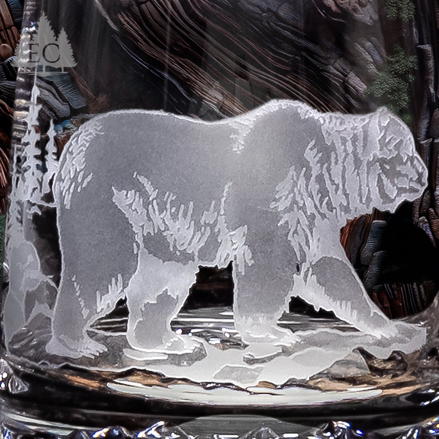 Hand Etched Crystal Grizzly Bear Rocks Glass Set (4)
