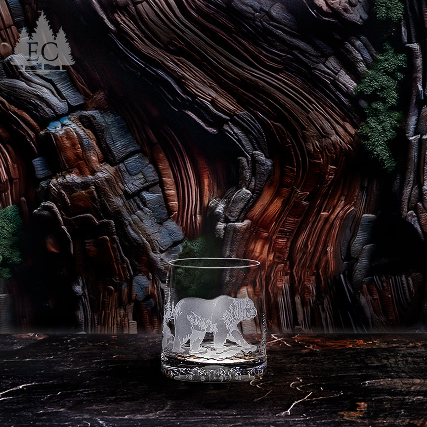 Hand Etched Crystal Grizzly Bear Rocks Glass Set (4)