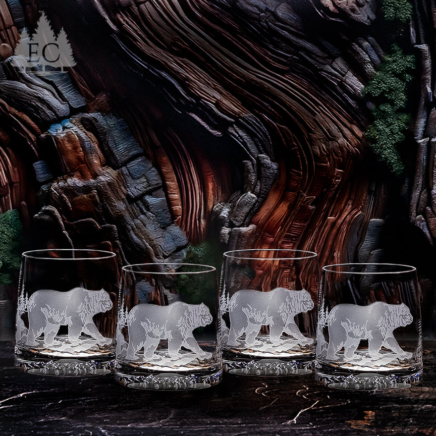Hand Etched Crystal Grizzly Bear Rocks Glass Set (4)