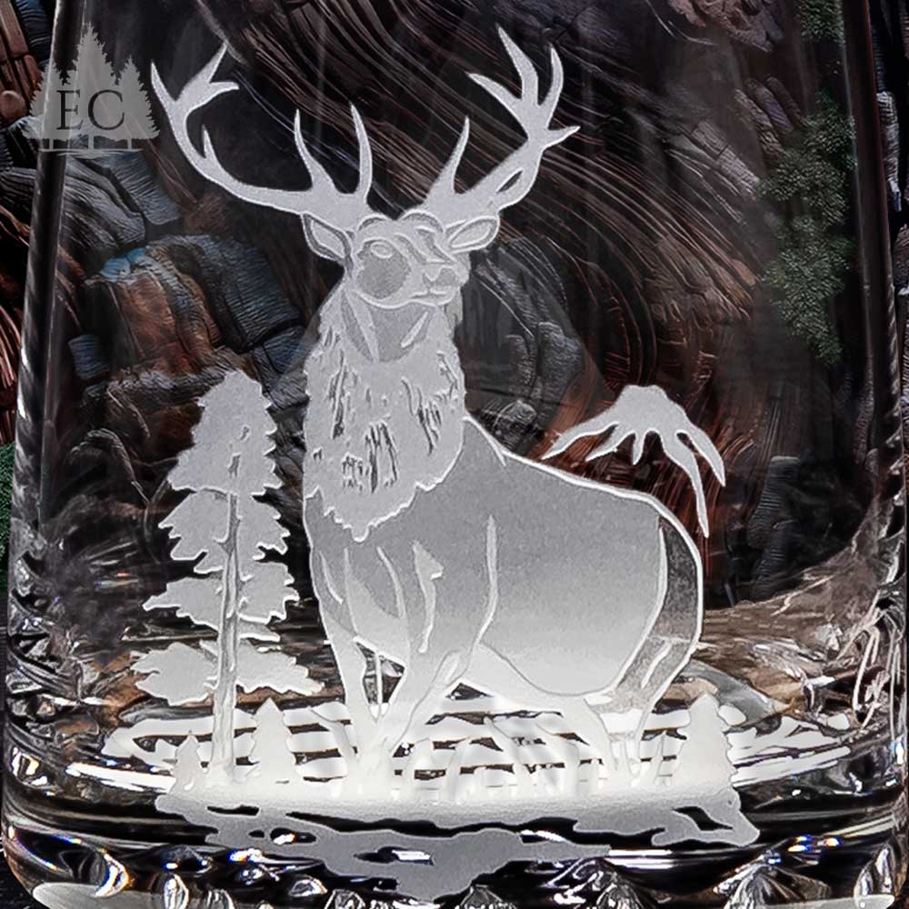 Hand Etched Rocky Mountain Elk Crystal Rocks Glass Set (4)