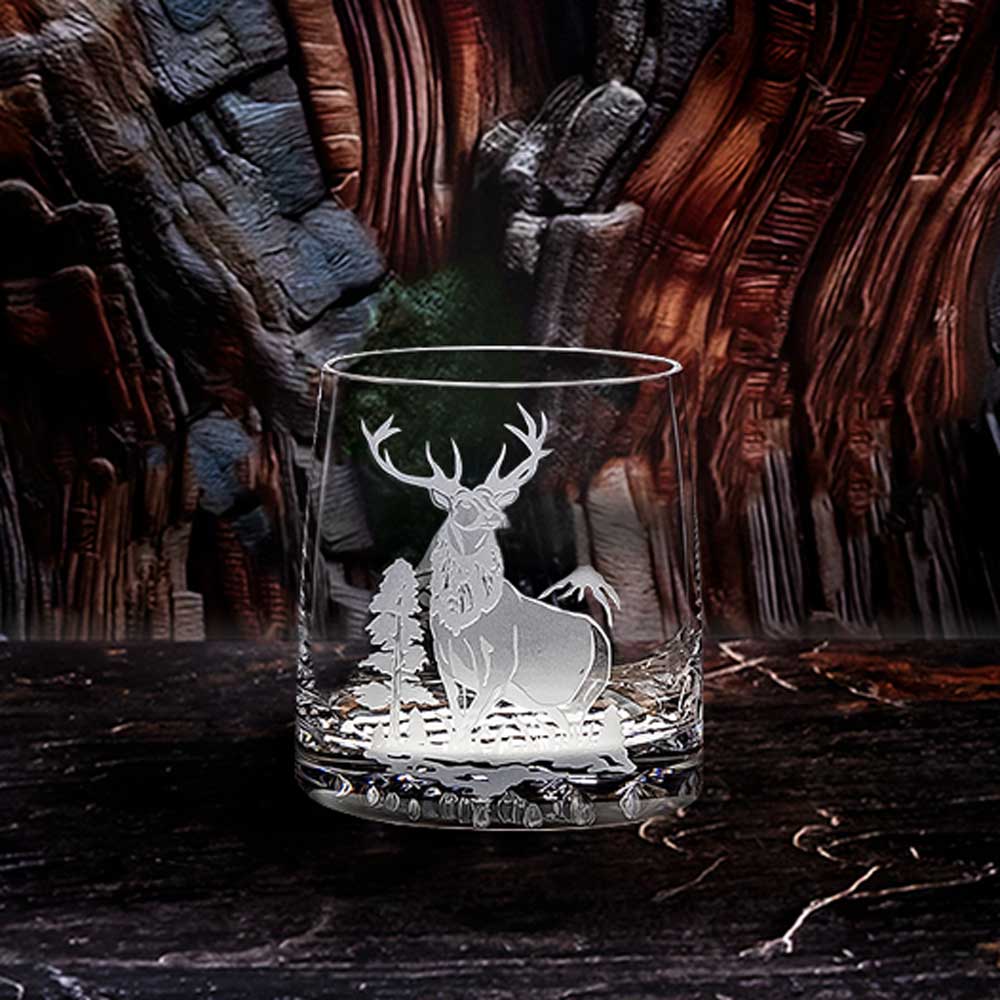 Hand Etched Rocky Mountain Elk Crystal Rocks Glass Set (4)