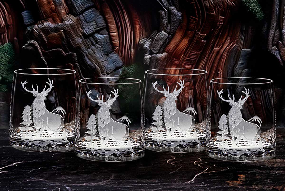 Hand Etched Rocky Mountain Elk Crystal Rocks Glass Set (4)
