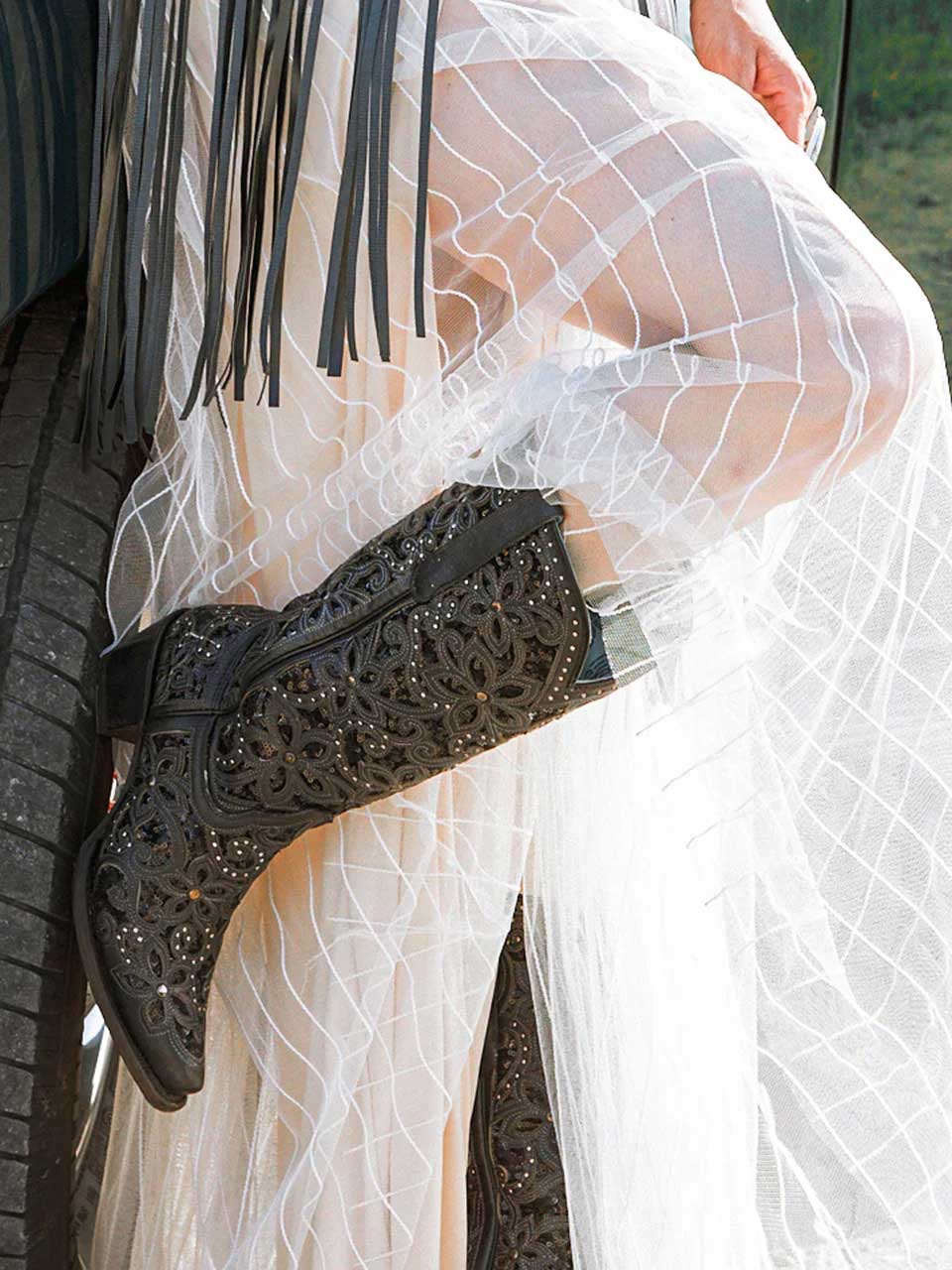 Corral Boots - Ladies Black Glitter Inlay, Floral Overlay With Crystals and Studs Cowgirl boots