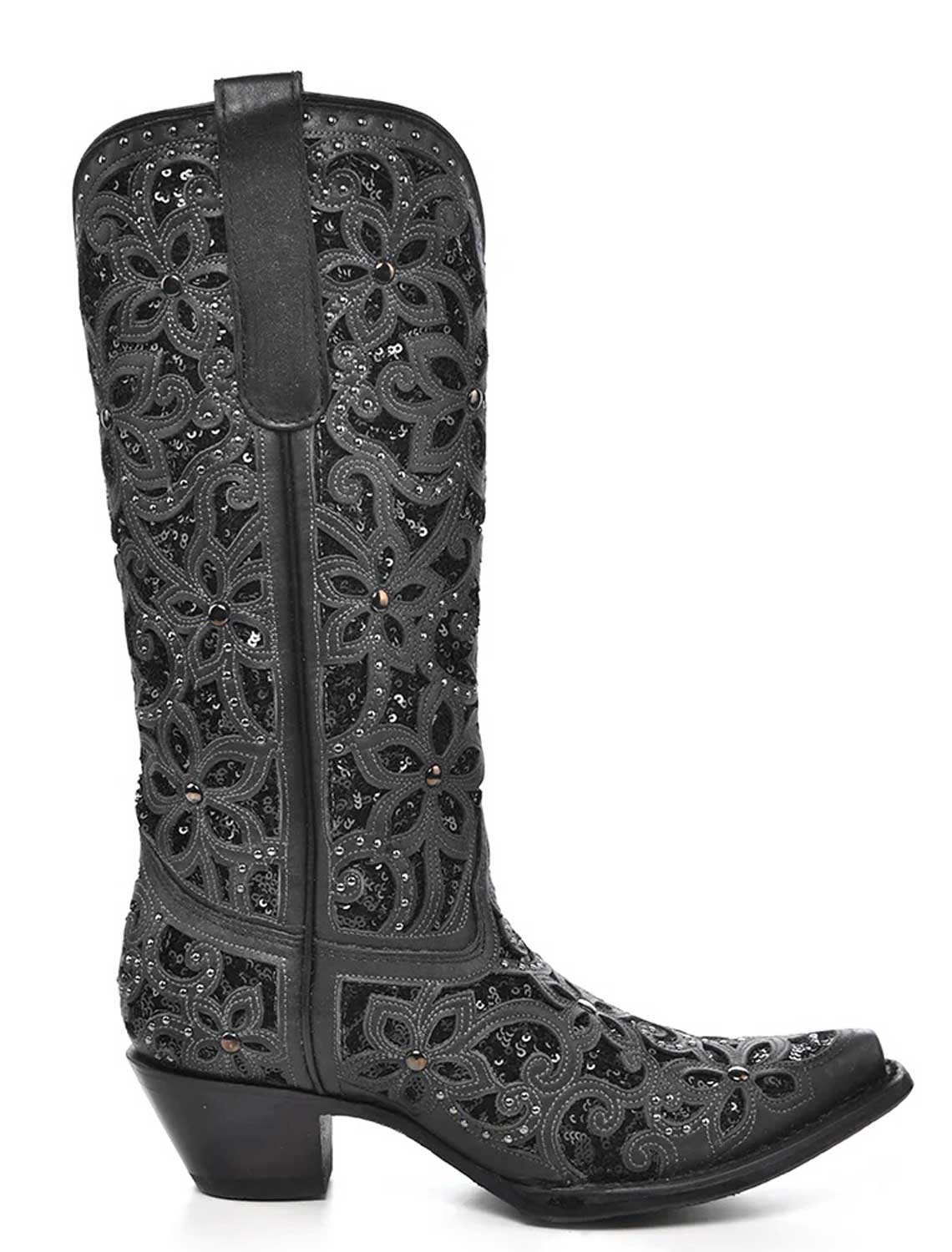 Corral Boots - Ladies Black Glitter Inlay, Floral Overlay With Crystals and Studs Cowgirl boots