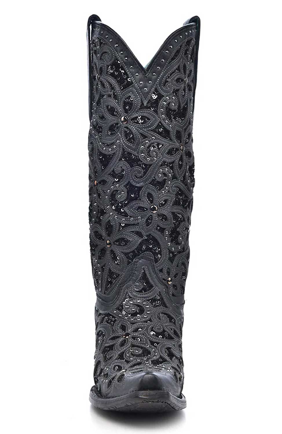 Corral Boots - Ladies Black Glitter Inlay, Floral Overlay With Crystals and Studs Cowgirl boots