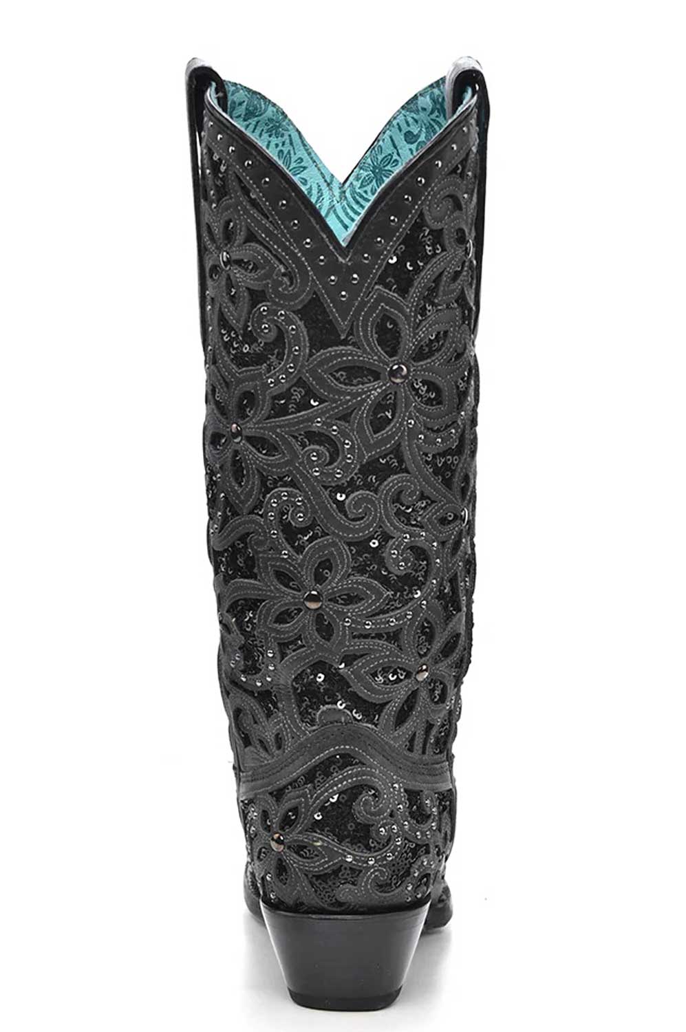 Corral Boots - Ladies Black Glitter Inlay, Floral Overlay With Crystals and Studs Cowgirl boots