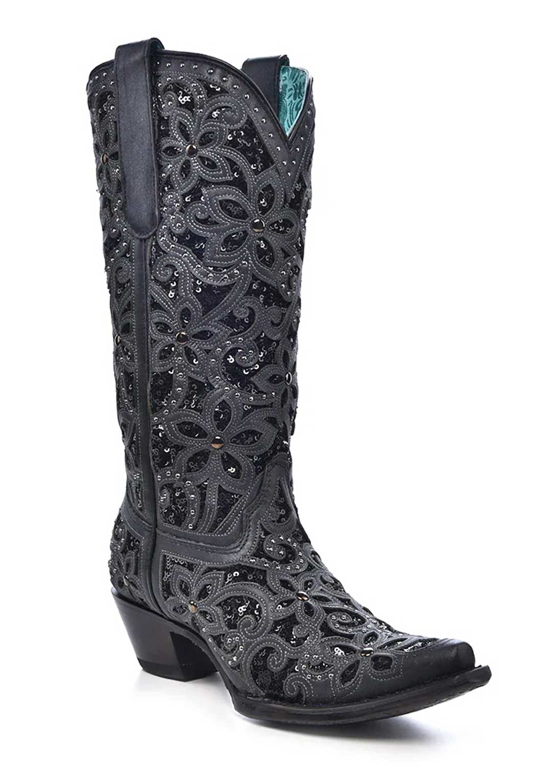 Corral Boots - Ladies Black Glitter Inlay, Floral Overlay With Crystals and Studs Cowgirl boots
