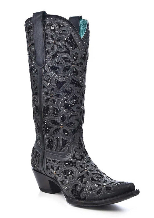 Corral Boots - Ladies Black Glitter Inlay, Floral Overlay With Crystals and Studs Cowgirl boots