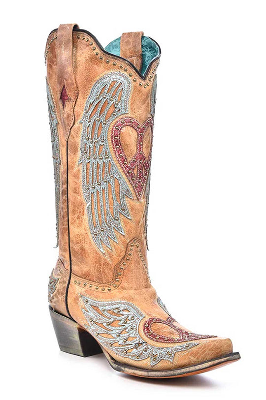 Corral Boots - Ladies Heart and Cross Overlay With Studs, Worn Finish With Snip Toe Cowgirl Boot