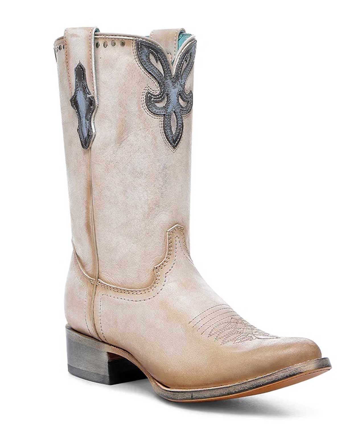 Sand cowboy boot with black floral embroidery on a white background