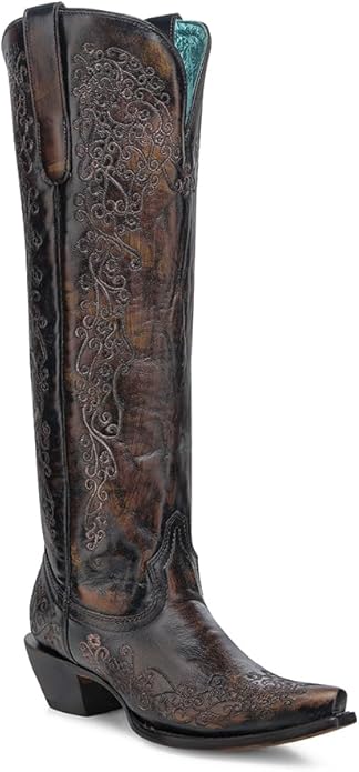 Ladies Floral Embroidery Black and Honey Snip Toe Tall Cowboy Boot by Corral
