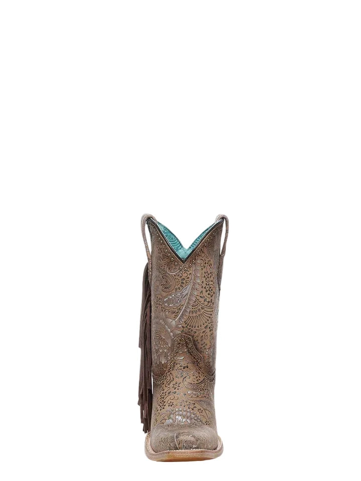 Brown cowboy boot with turquoise interior on a white background