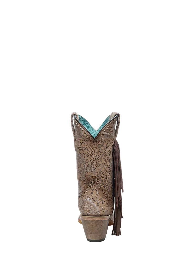 Brown cowboy boot with turquoise interior on a white background