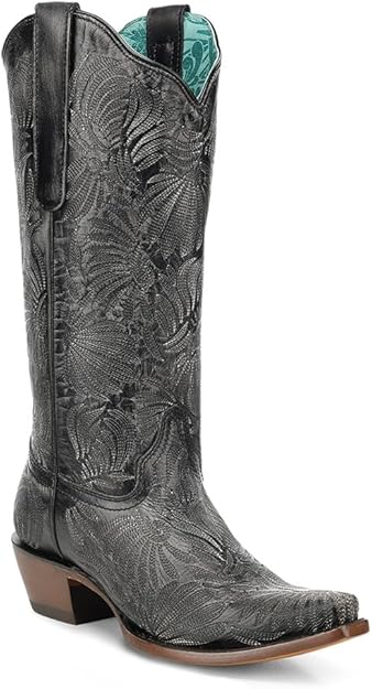 Corral Boots Women's Distressed Black Floral Petal Embroidery Snip Toe Boots