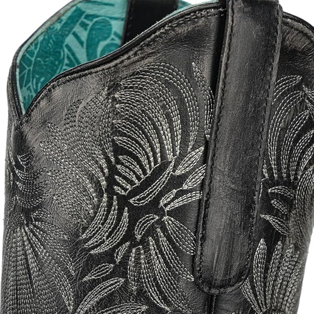 Corral Boots Women's Distressed Black Floral Petal Embroidery Snip Toe Boots