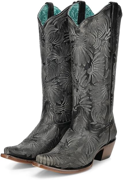Corral Boots Women's Distressed Black Floral Petal Embroidery Snip Toe Boots