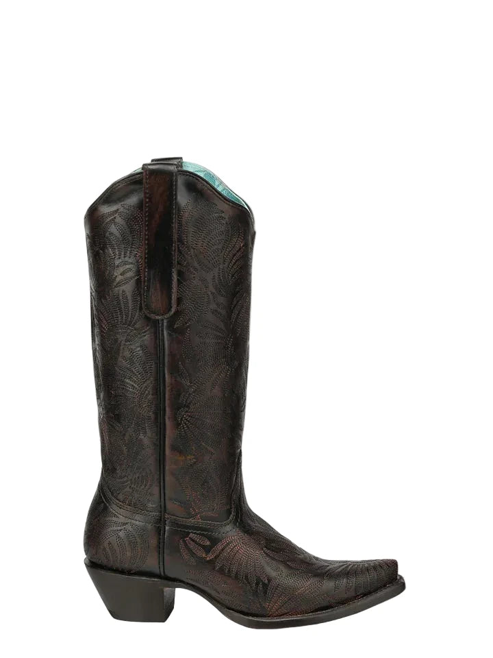 Brown leather cowboy boot on a light gray background
