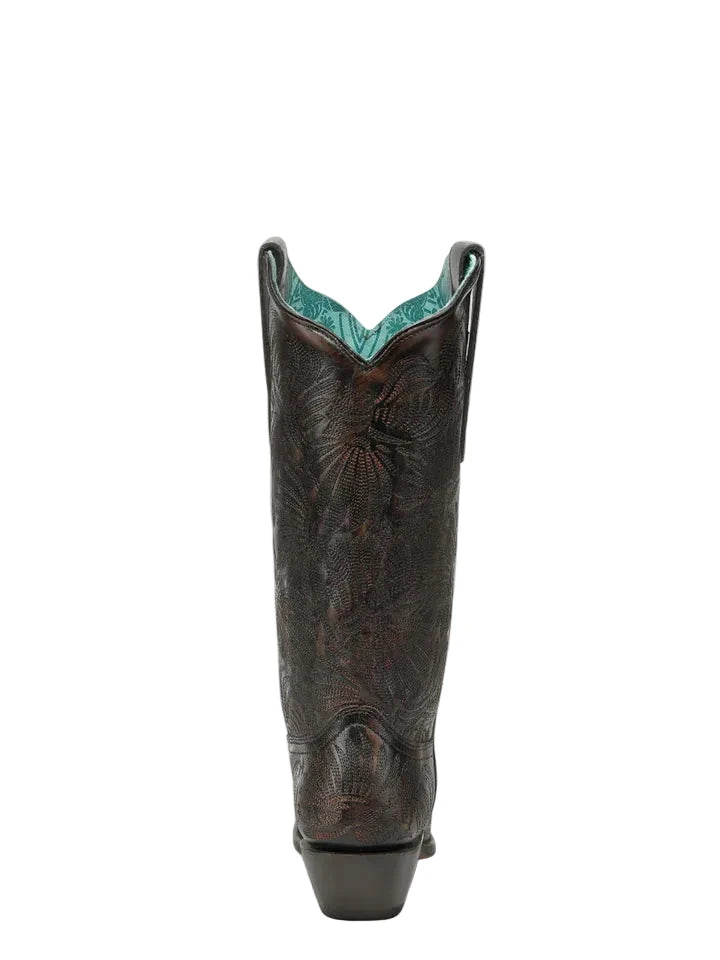 Brown cowboy boot with turquoise lining on a white background