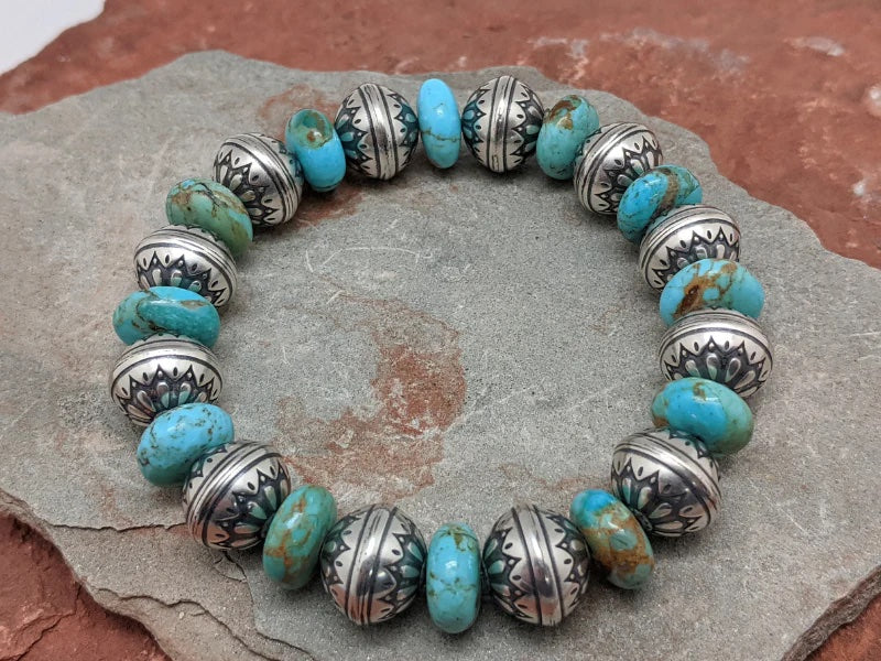 Flower Stamped Sterling Beads With Kingman Turquoise Accents