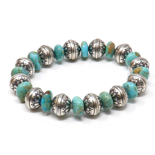 Flower Stamped Sterling Beads With Kingman Turquoise Accents