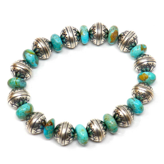 Flower Stamped Sterling Beads With Kingman Turquoise Accents