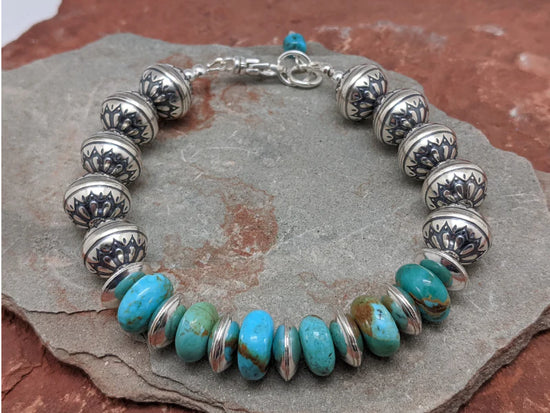 Sterling Silver Flower Stamped Beads With King Turquoise Accents