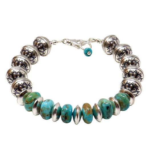 Bracelet Featuring Sterling Silver Flower Stamped Beads With Kingman Turquoise Accents