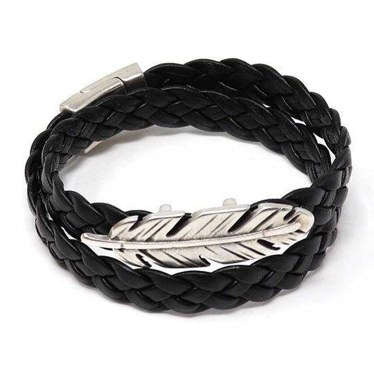 Feather & Braided Black Leather Bracelet