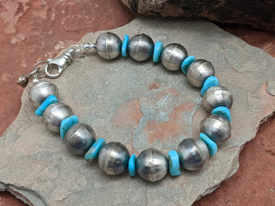 Antiqued Silver Beads and Turquoise Stretch Bracelet
