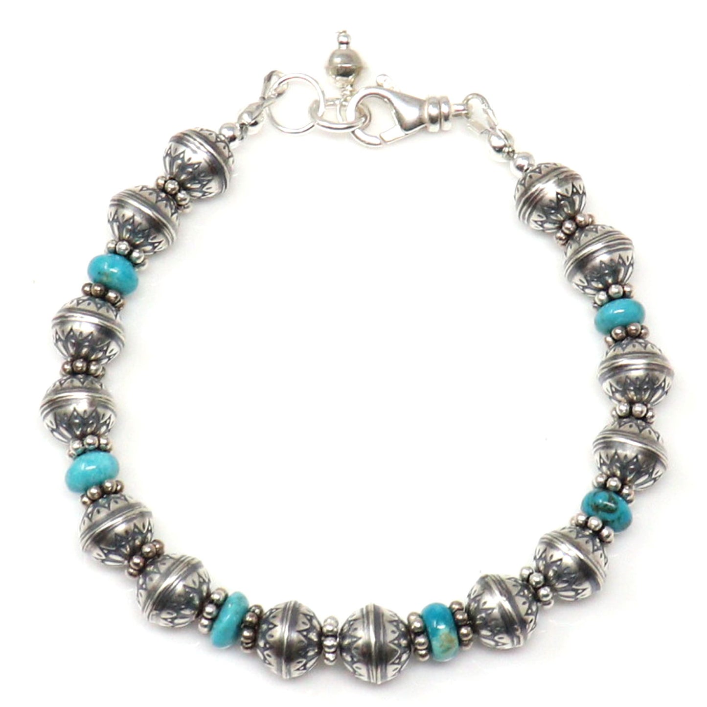 8mm Sterling Silver Flower Bead Bracelet With Turquoise Accents
