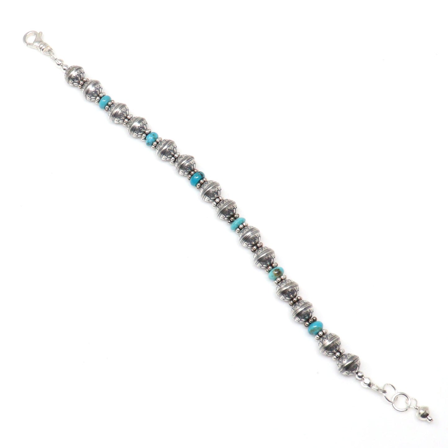 8mm Sterling Silver Flower Bead Bracelet With Turquoise Accents