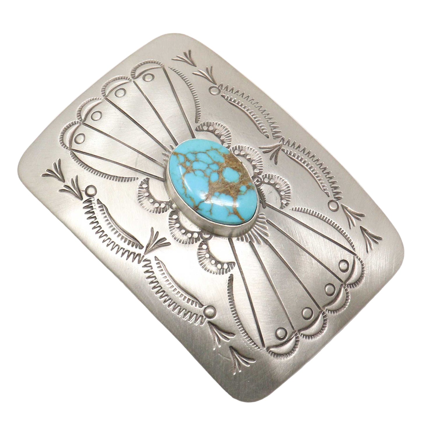 Silver belt buckle with turquoise stone on a white background