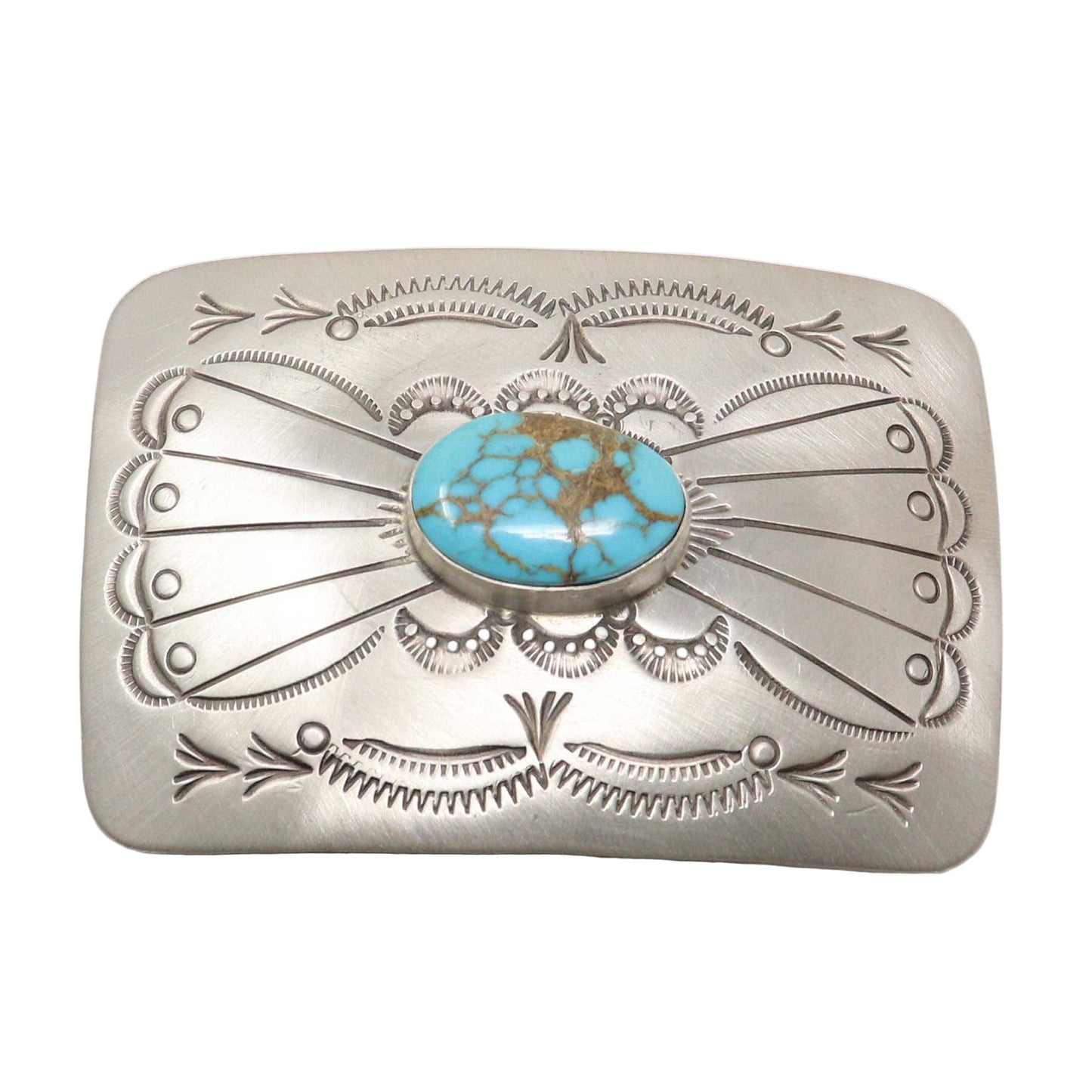 Silver belt buckle with turquoise stone on a white background