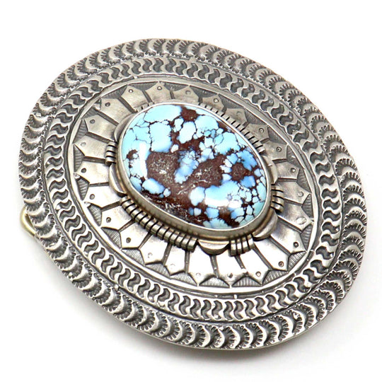 Stamped Oval Silver Buckle With Golden Hills Turquoise
