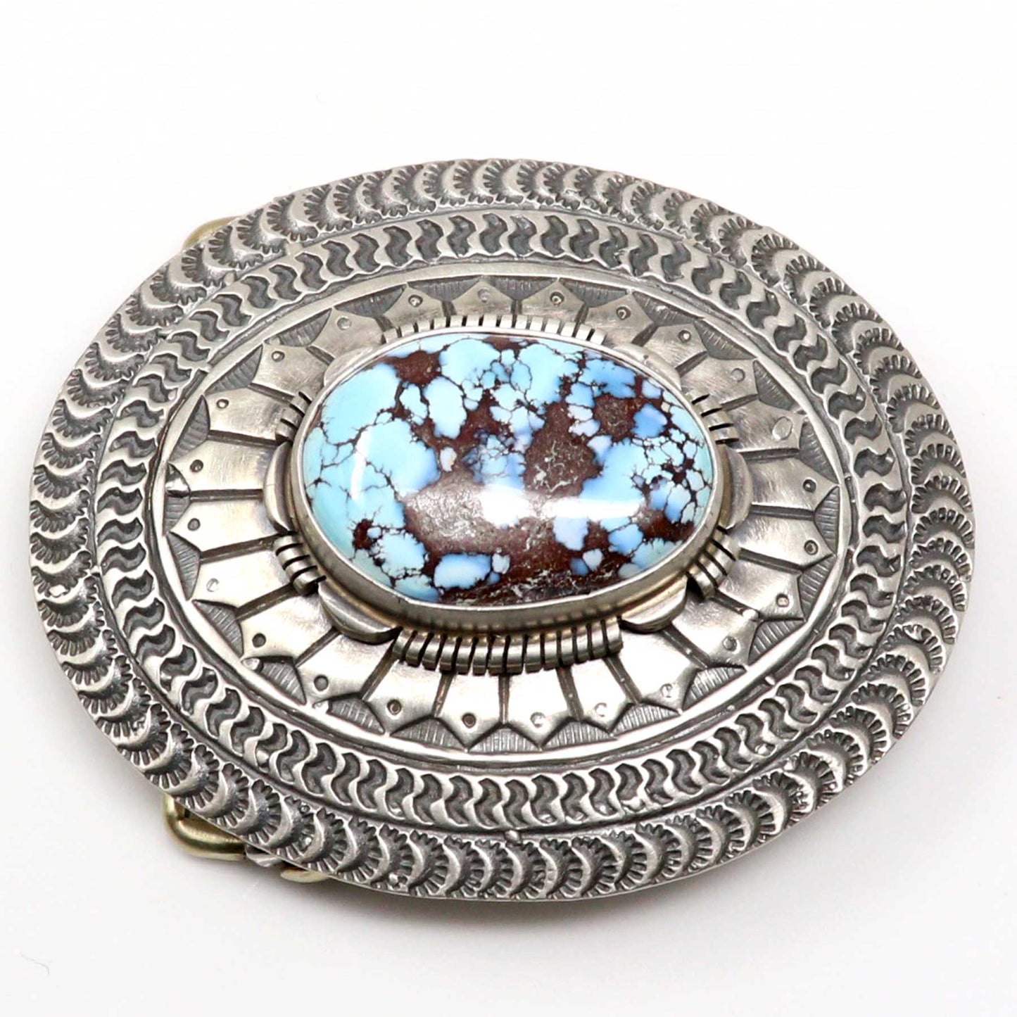 Stamped Oval Silver Buckle With Golden Hills Turquoise