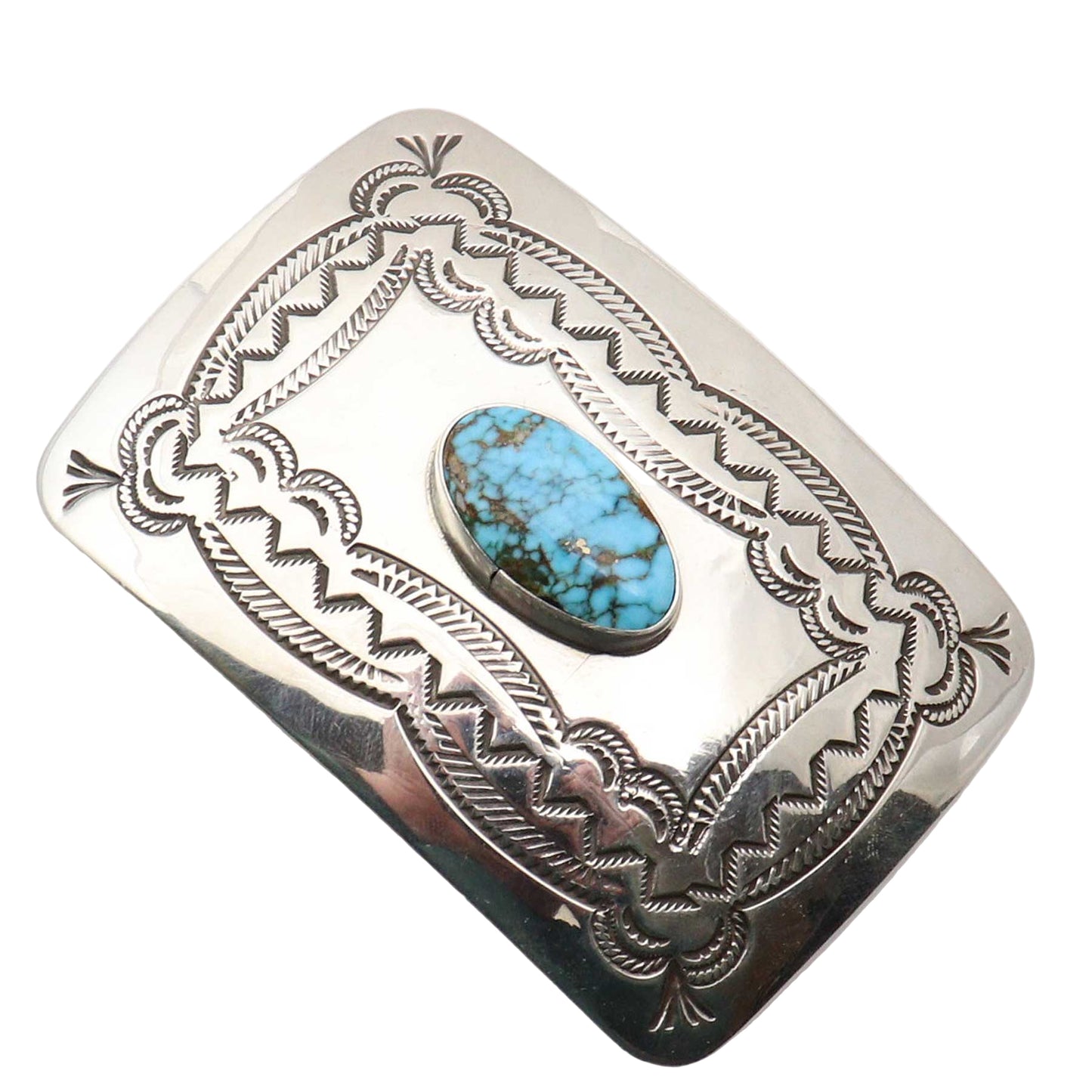 Silver belt buckle with Sonoran Gold turquoise stone on a white background
