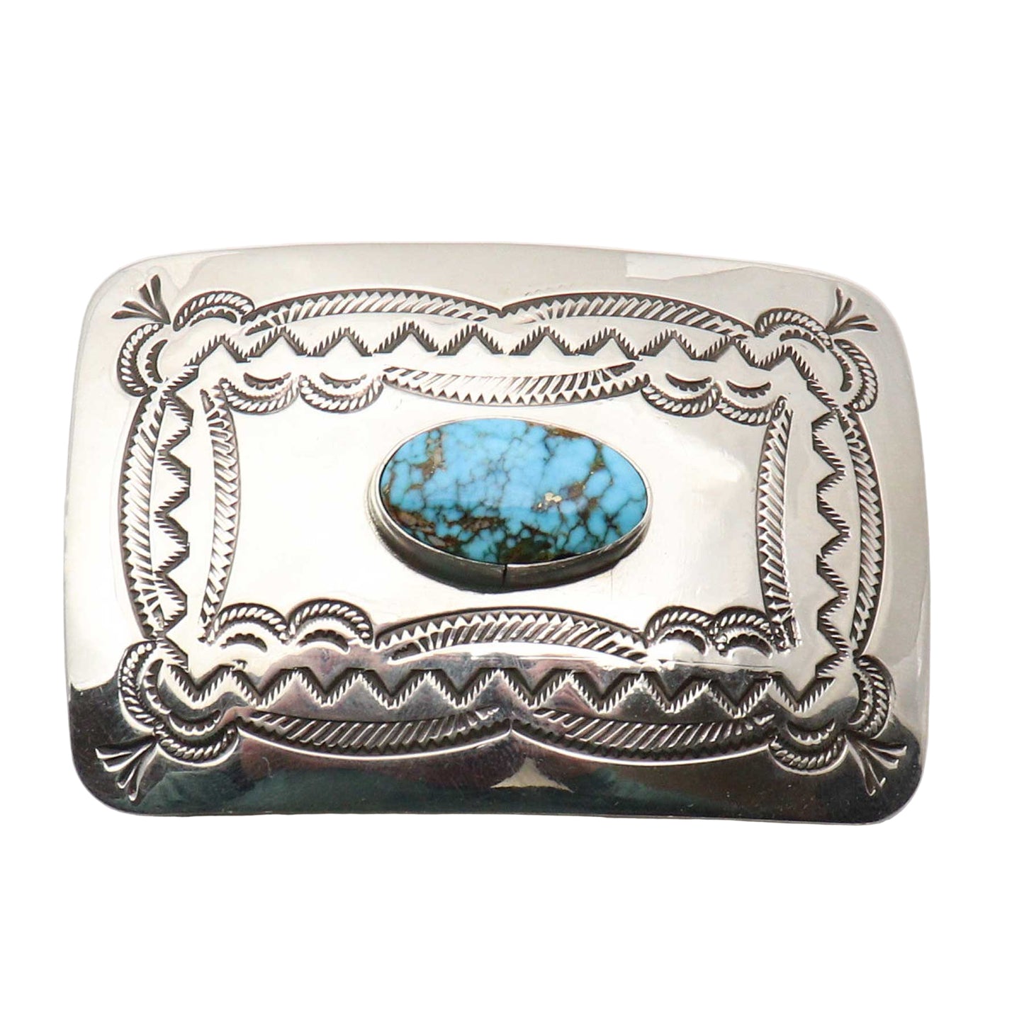 Silver belt buckle with turquoise stone on a white background