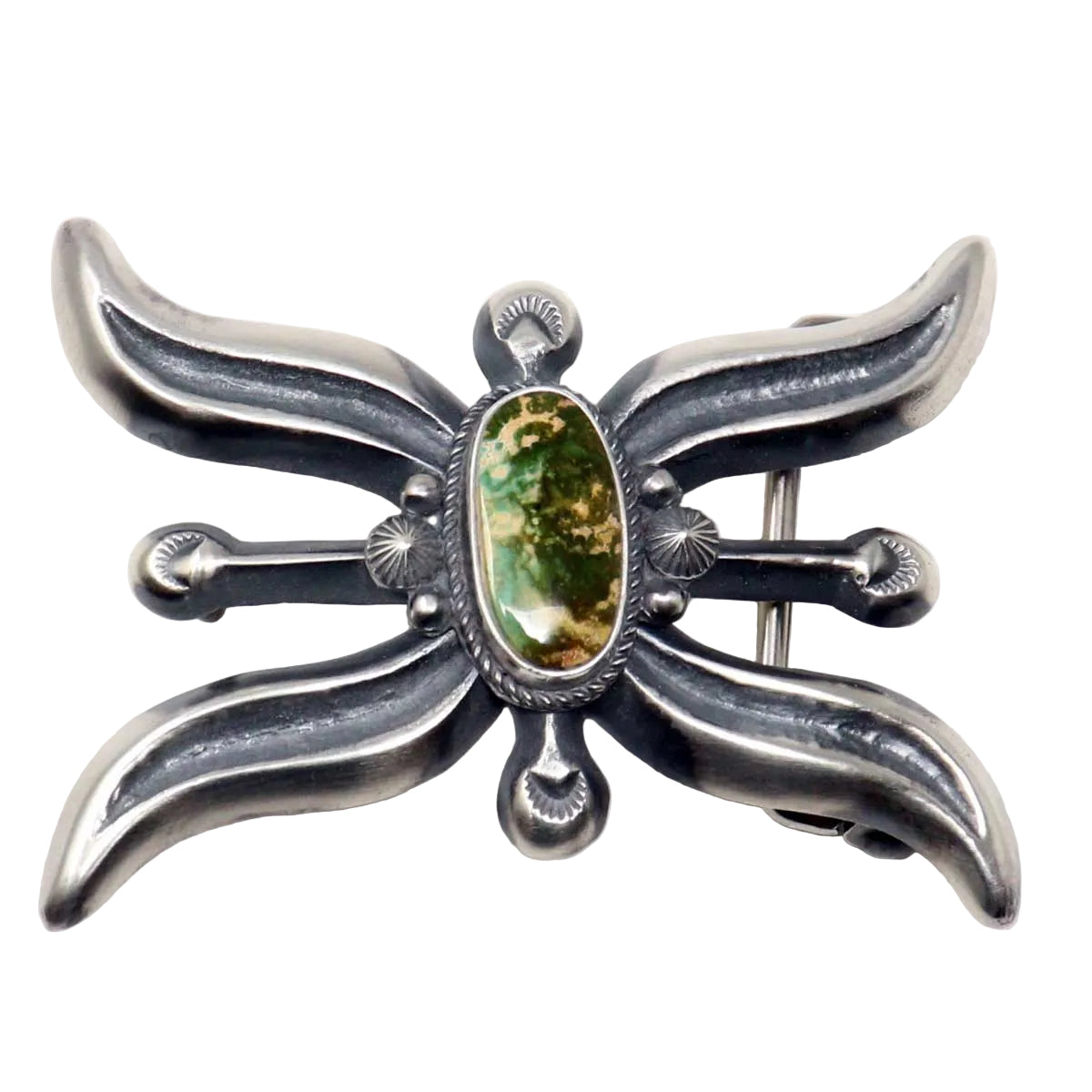 Silver buckle with Pilot Mountain Turquoise on a white background