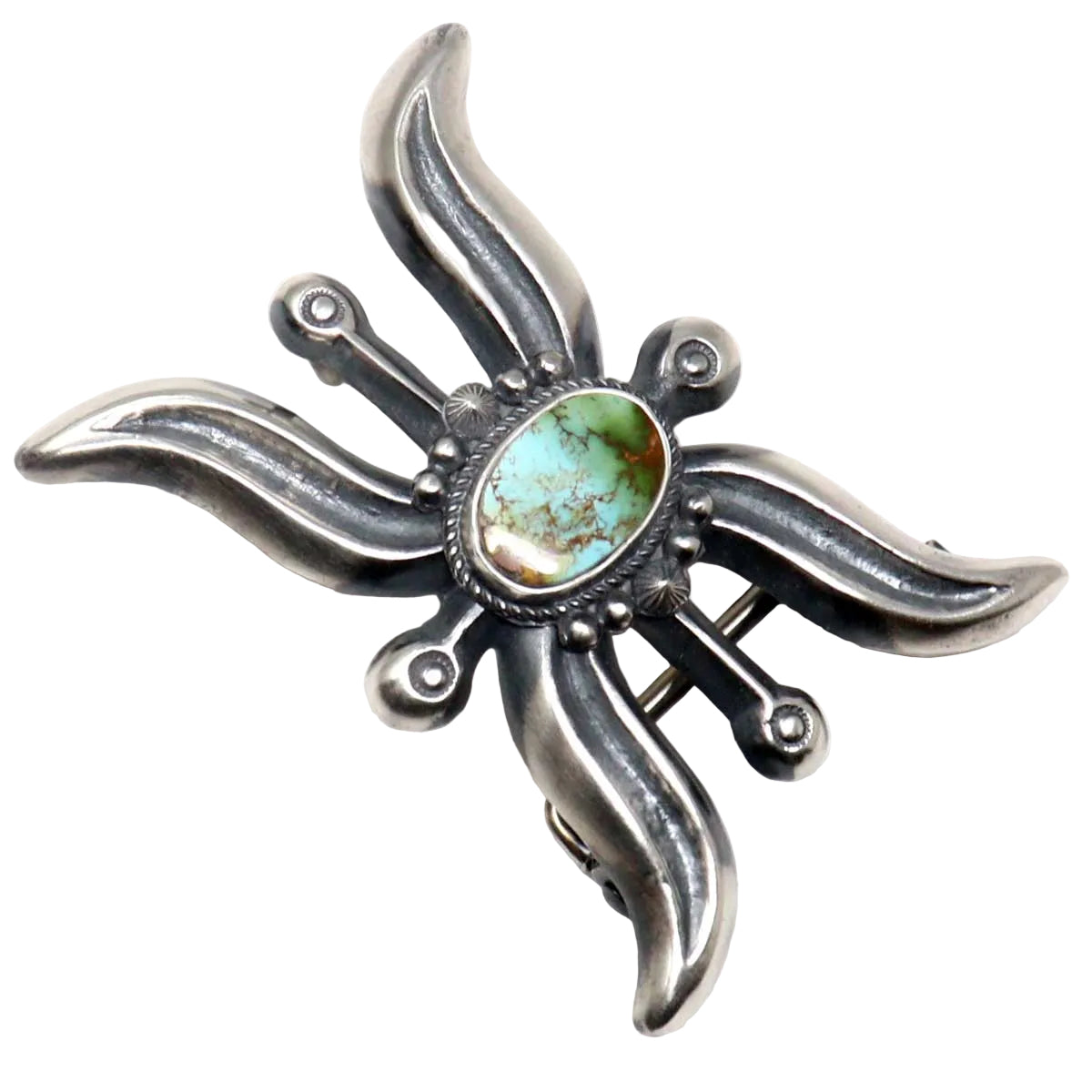 Silver buckle with Natural Pilot Mountain turquoise stone on a white background