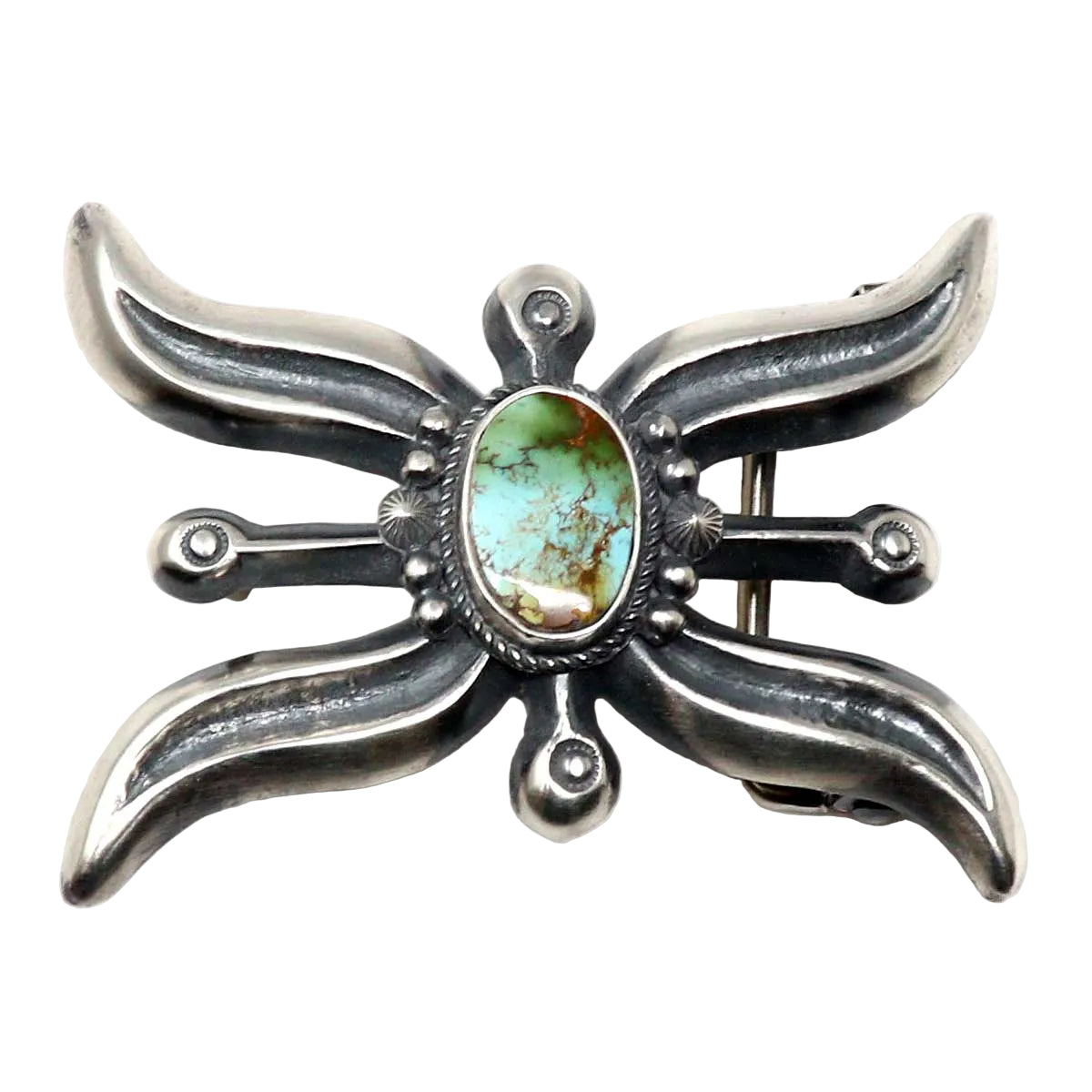 Silver buckle with Natural Pilot Mountain turquoise stone on a white background