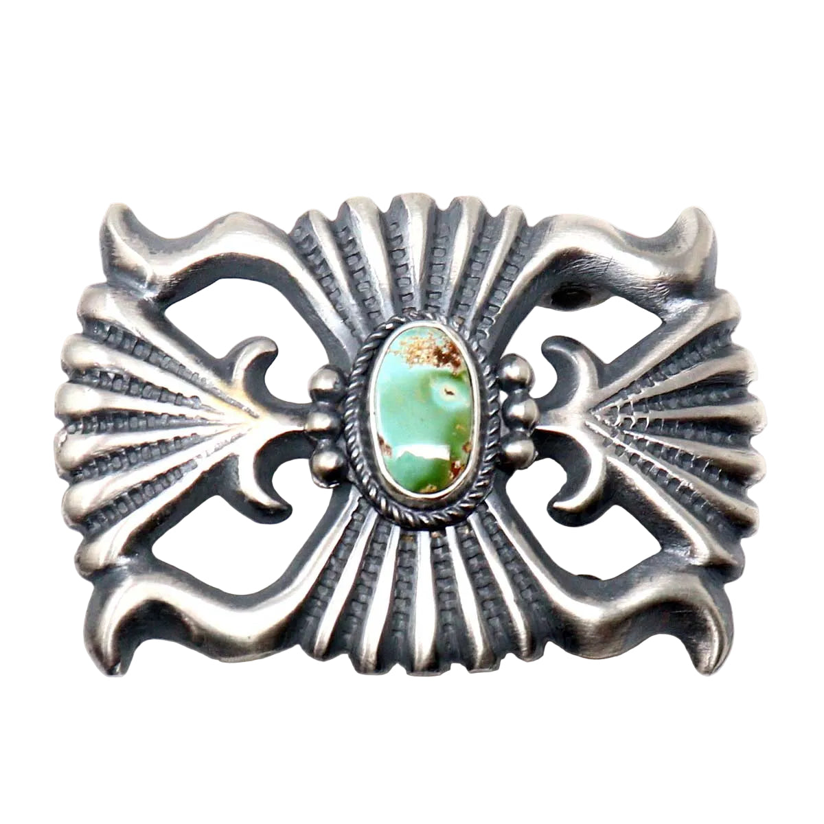 Silver buckle with a natural Pilot Mountain turquoise setting.