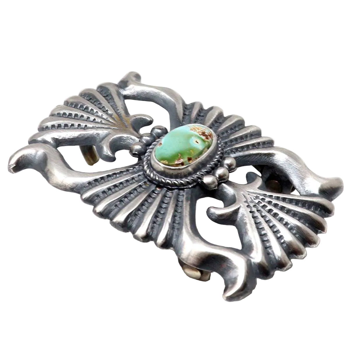 Silver buckle with a natural Pilot Mountain turquoise setting.