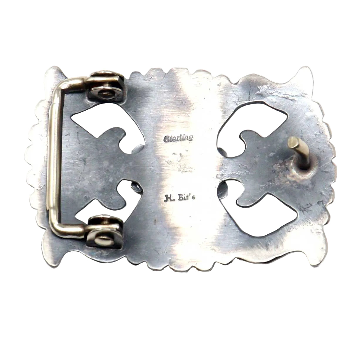 Silver buckle with a natural Pilot Mountain turquoise setting.