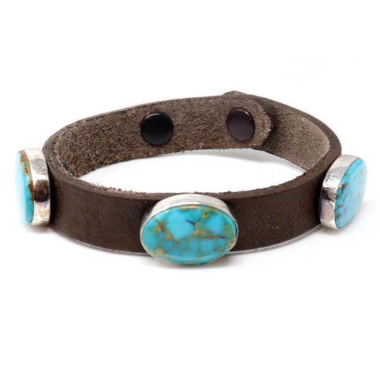 Adjustable 3 Stone Turquoise & Leather Bracelet by Milton Lee