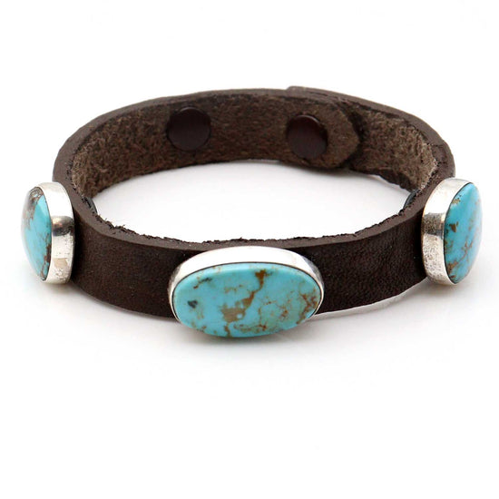 Load image into Gallery viewer, Adjustable 3 Stone Turquoise &amp;amp; Leather Bracelet by Milton Lee
