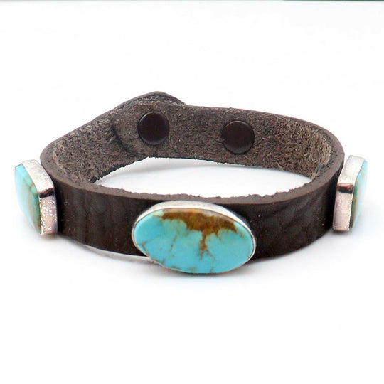 Adjustable 3 Stone Turquoise & Leather Bracelet by Milton Lee
