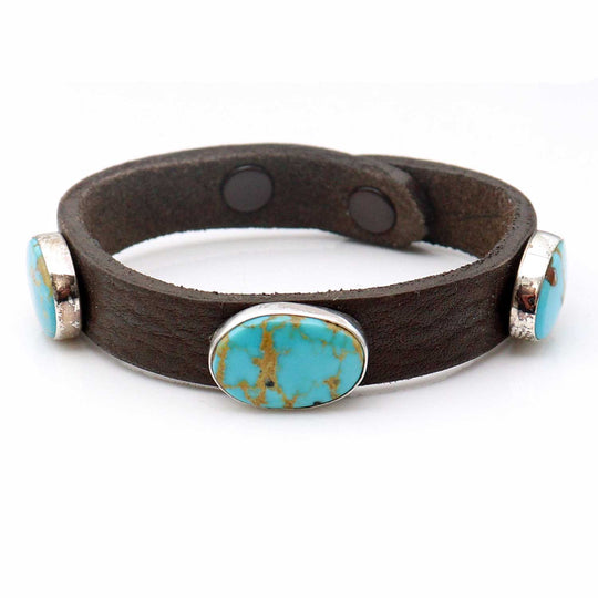 Adjustable Leather & 3 Stone Turquoise Bracelet by Milton Lee