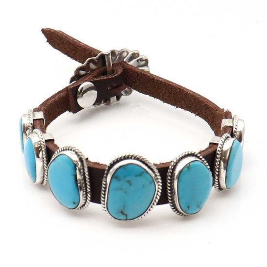 Turquoise & Leather Concho Bracelet by Bobby Willie