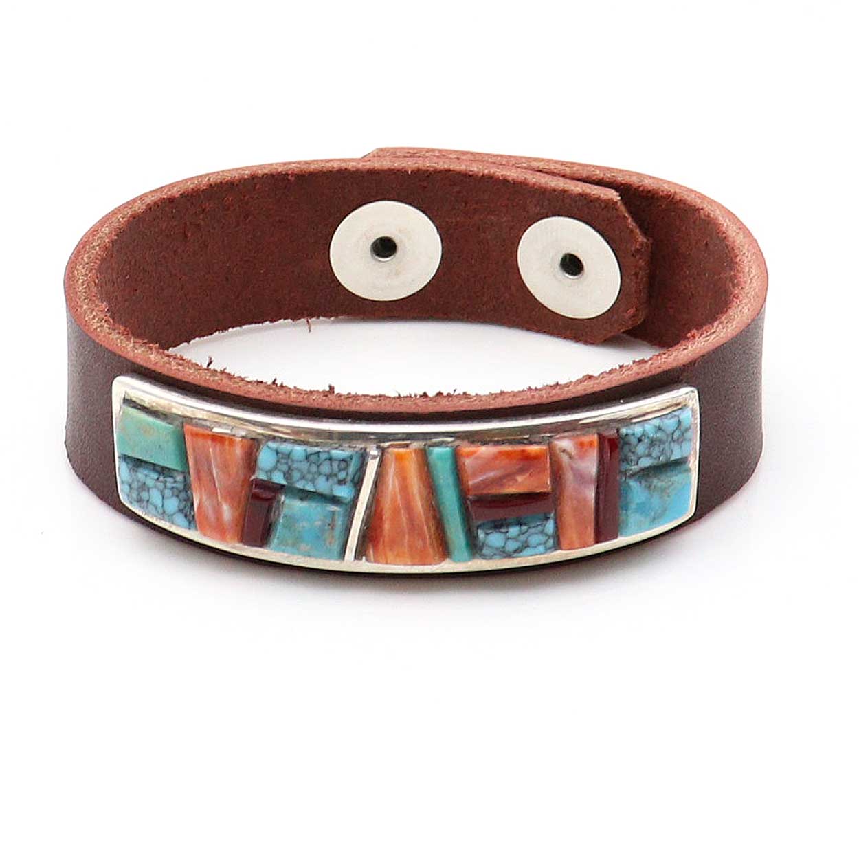 Turquoise & Spiny Oyster Inlaid Medallion Leather Cuff by Yazzie & Peterson